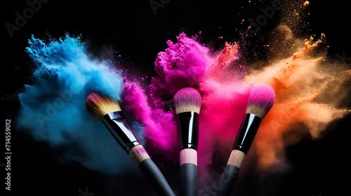 Obraz beautiful background. makeup brushes with colorful powder explosion on black background