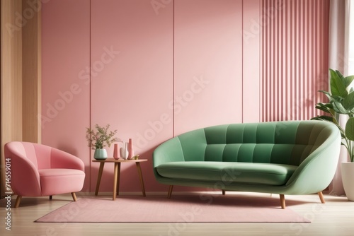 Japandi interior home design of modern living room with armchair and ornamental plants on pink wooden wall