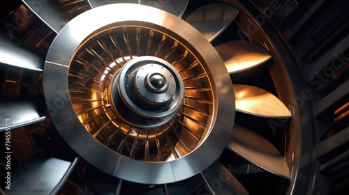 Detailed close-up of a jet engine turbine showcasing metallic blades and aerodynamic design.