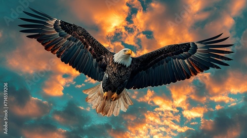A bald eagle soaring through the sky, photographed from below, its wings spread wide against a backdrop of vibrant clouds, embodying the spirit of freedom and majesty.