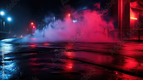 A cinematic city street scene at night illuminated by neon lights and enveloped in mysterious fog