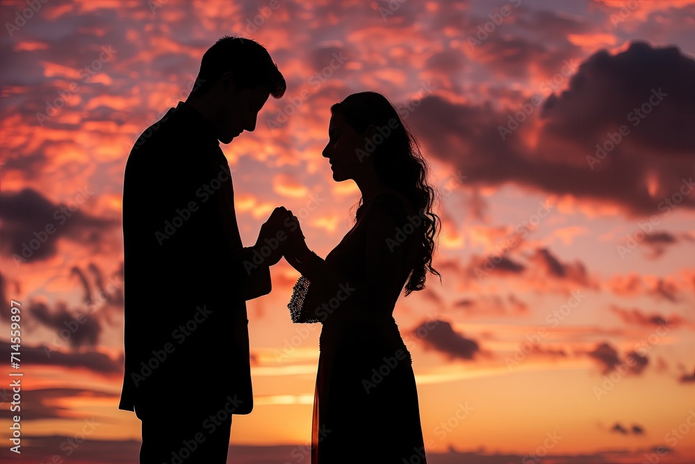 Silhouette of a Marriage proposal and romantic sunset background.