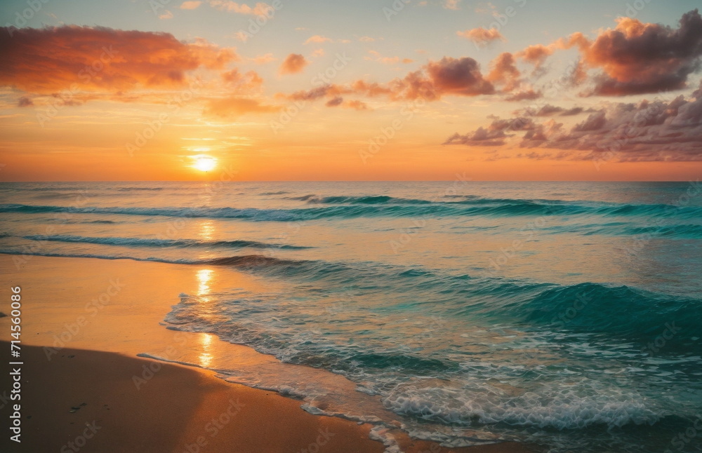 Beautiful sunrise landscape ,seascape, coastal, ocean beach, clouds, calm water. Copy space
