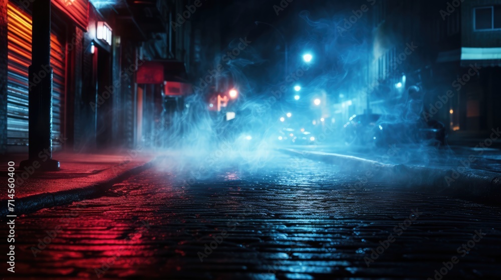 A moody, neon-illuminated city street featuring  atmospheric smoke. - obrazy, fototapety, plakaty 