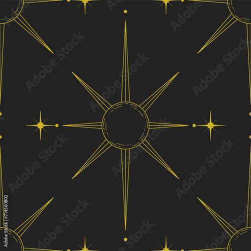 Yellow sun with star on black background, geometric astrology art, seamless pattern