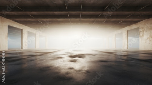 Spacious empty warehouse interior bathed in radiant sunlight from large windows.