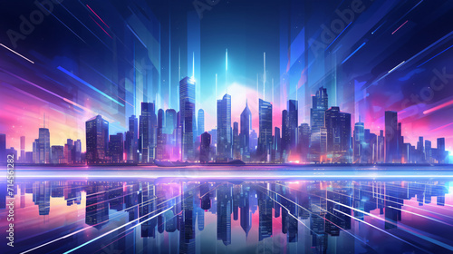 Cyber city skyline with neon lights and futuristic buildings and towers.