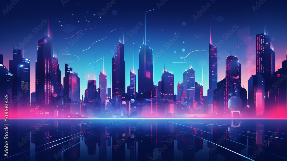 Futuristic neon city with Skyscrapers.