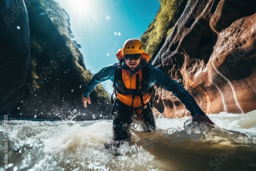 Canyoning extreme sport. canyoning expedition, popular trails, hard impressive spot. Man Exploring a wild untamed river canyon. Energy, freedom and adrenaline photo