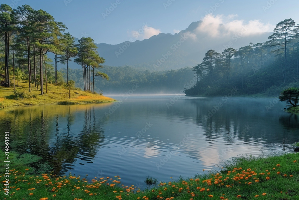 Pine tree forest and lake in the morning at Pang Ung, Mae Hong Son, Thailand