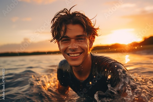 Beach, surfer and young man at sea. Summer holiday vacation, Freedom, ocean and guy man with surfboard feeling excited and happy. Man catching waves in ocean.extreme photo