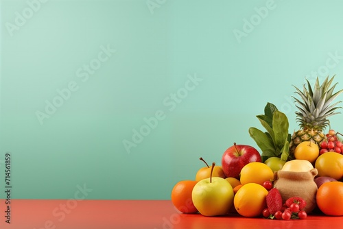 Fresh fruits and vegetables on a green background with copy space. 