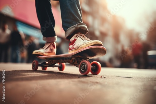 Skateboard, closeup pink skate wheel and foot or leg