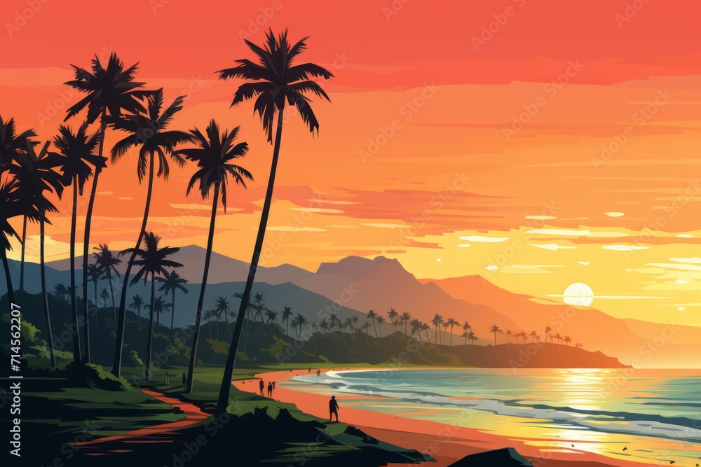 Gradient beach sunset landscape with palm trees and mountains. Evening on the beach. Orange sunset. Summer sunset. Paradise sunset