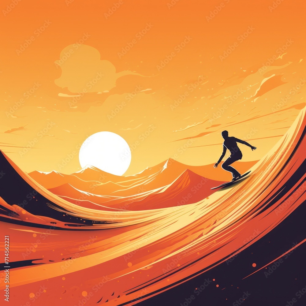 Sand boarding, desert safari. Sandboard. Sandboarding illustration, Guy in dunes with energy, freedom and adrenaline. Orange flat colors. Sunset