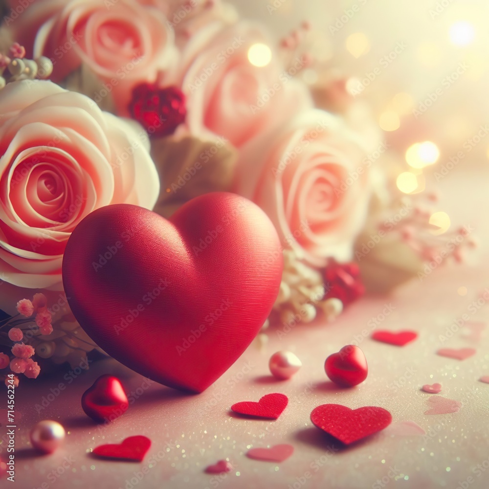 An amazingly beautiful red silk heart on a background of magnificent and delicate roses for your beloved on Valentine's Day An amazingly beautiful red silk heart on a background of magnificent and delicate roses for your beloved on Valentine's Day