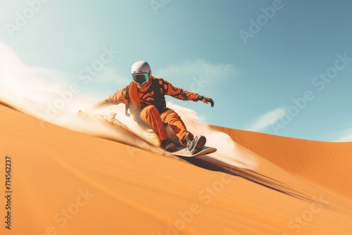 Sand boarding, desert safari. Sandboard. Sandboarding, Guy in dunes with energy, freedom and adrenaline. Orange sand and blue sky photo
