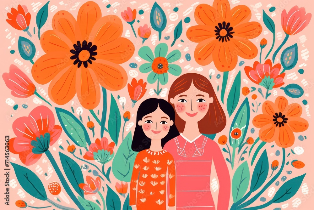 Mother hugging her daughter. Happy Mother's day Greeting card with beautiful woman holding her kid girl. Happy Mother's day greeting card. Flat bright orange illustration.