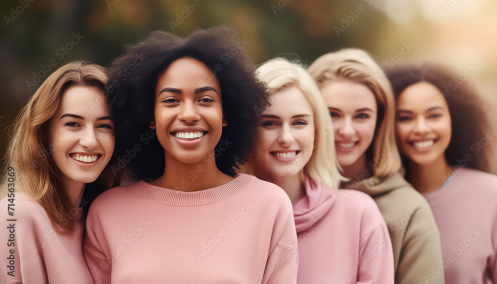 Crowd of women of different races in pink sweater smiling world cancer day concept