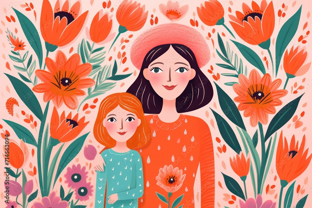 Mother hugging her daughter. Happy Mother's day Greeting card with beautiful woman holding her kid girl. Happy Mother's day greeting card. Flat bright orange illustration.