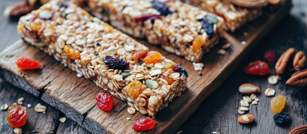 Raw vegan candy consisting of dried fruits, nuts, oatmeal, and muesli.