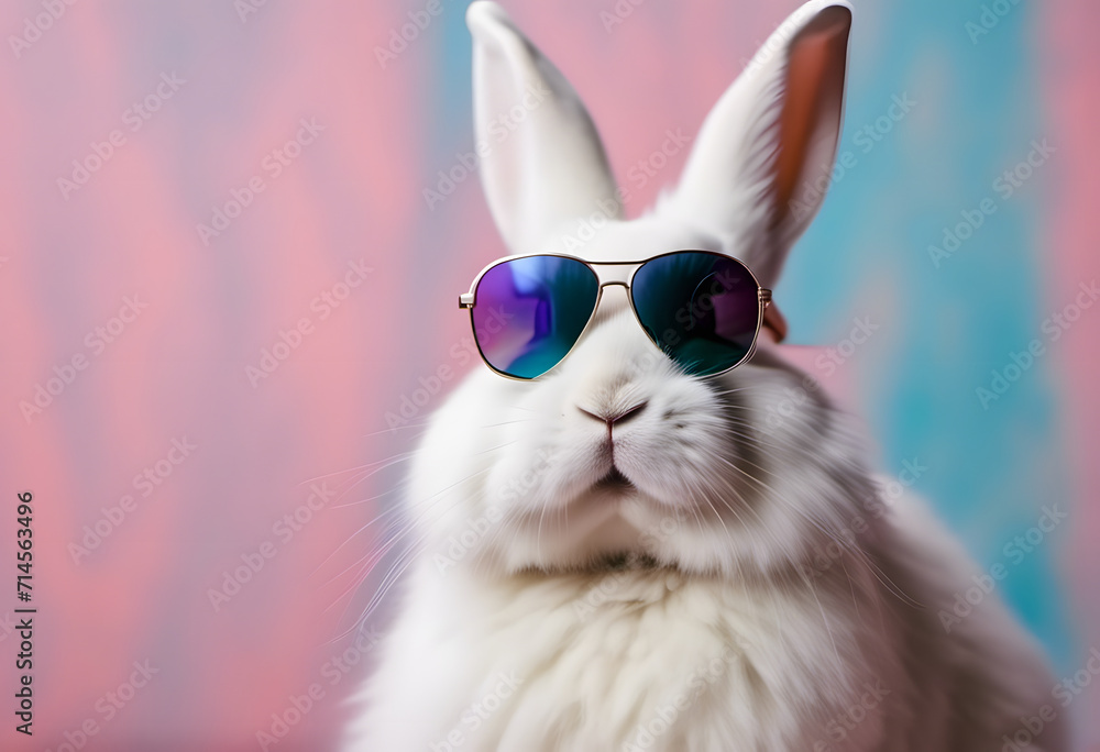 White rabbit wearing colorful sunglasses against a pastel background.