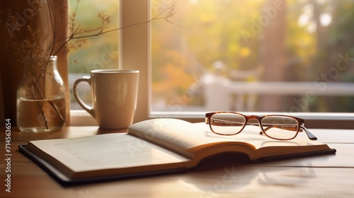 A Light colored books on a wooden table with a cup of coffee. reading glasses and a notebook and pen. Soft sunlight streams through the window. This creates a warm glow in the scene.