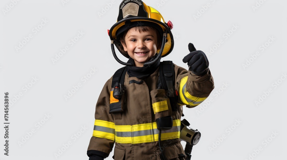Fototapeta premium A Happy boy wearing firefighter uniform, little firefighter and fire extinguishing equipment, firefighter career adventure concept. on empty space on a white isolated transparent background.