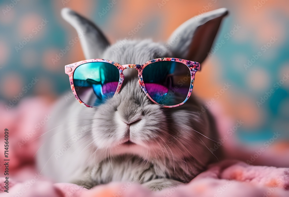 Cute gray rabbit wearing stylish floral sunglasses, with a soft colorful background.