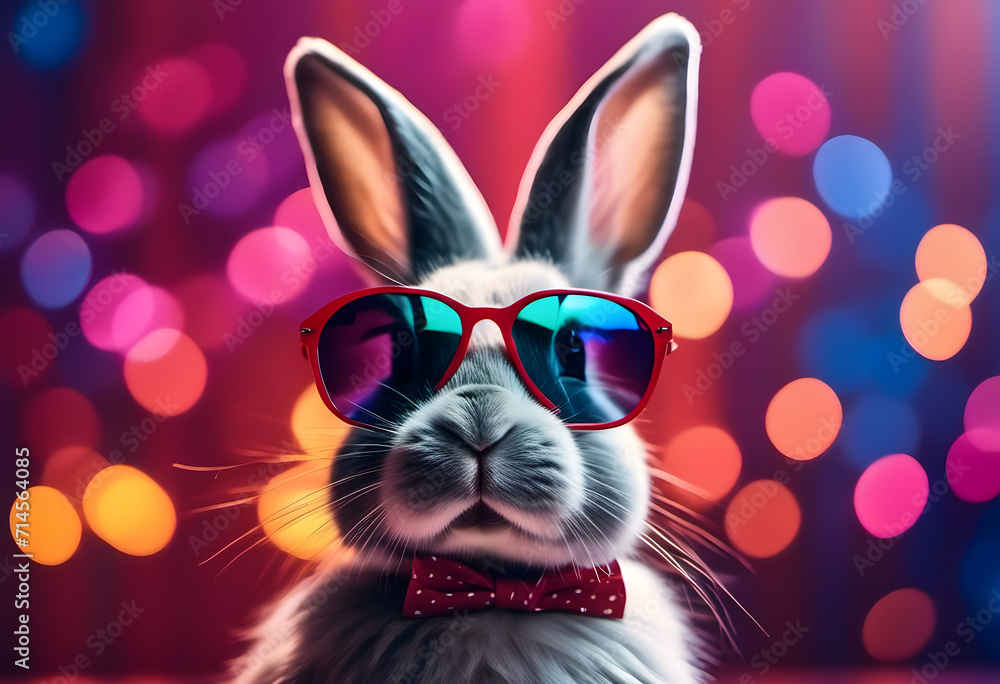 Stylish rabbit wearing sunglasses and bow tie with colorful bokeh lights in the background.