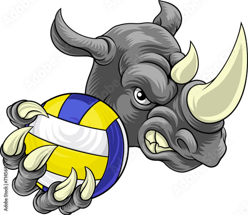 A rhino rhinoceros volleyball animal sports mascot holding a volley ball in his claw