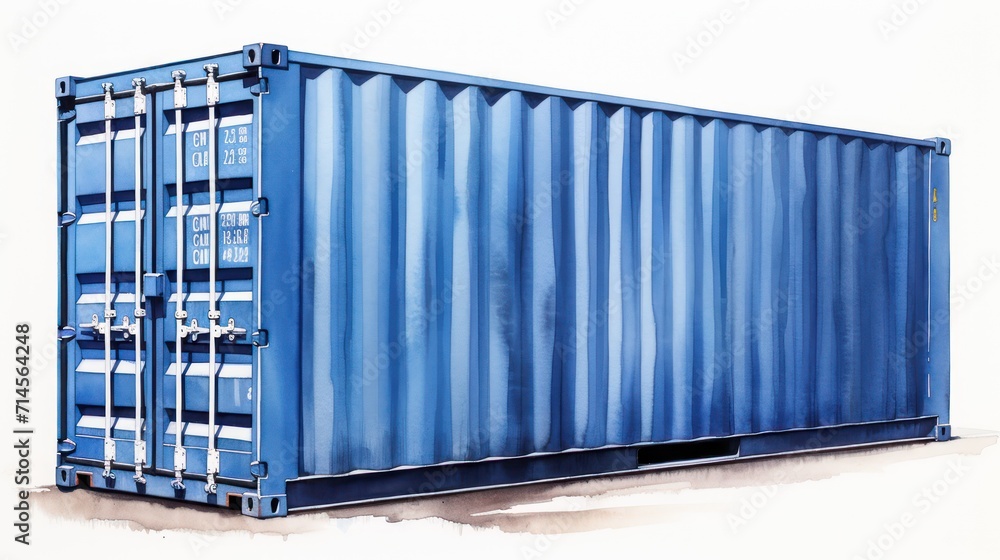 A blue shipping container, white background, in a watercolor style, white background. A blue shipping container, white background, in a watercolor style, white background.