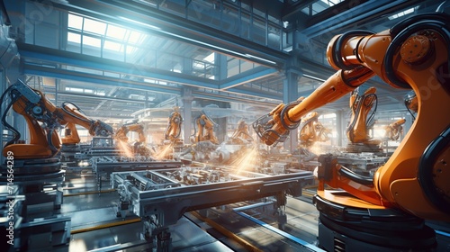 Modern industrial robotic welding work at factory. Industrial machine automatic robots arm for industrial 4.0 concept. Generative AI
