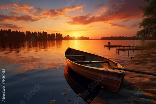 A boat docked at a lake with a sunset in the background