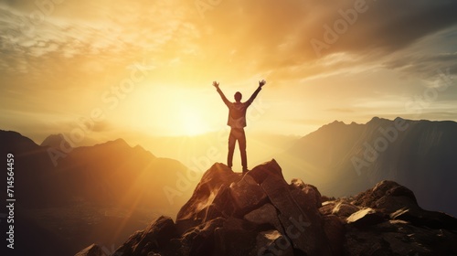 Happy man raising his arms jumping to the top of the mountain, successful businessman celebrating success on the cliff, business success concept silhouette backlit. © Phoophinyo