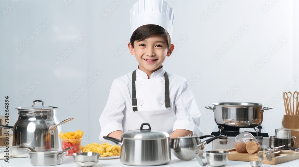 A Cooking, happy boy wearing chef's uniform. Little cook and kitchen equipment. Cooking concepts in the chef profession On empty space on white transparent background isolated A Cooking, happy boy wearing chef's uniform. Little cook and kitchen equipment. Cooking concepts in the chef profession On empty space on white transparent background isolated