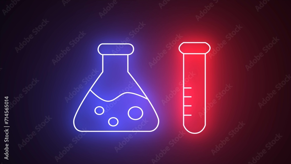Neon glowing line Test tube and flask chemical laboratory test icon isolated on black background. Medical exploration, analysis test, chemical experiment, vaccine . Icon set, sign, symbol. Neon glowing line Test tube and flask chemical laboratory test icon isolated on black background. Medical exploration, analysis test, chemical experiment, vaccine . Icon set, sign, symbol.