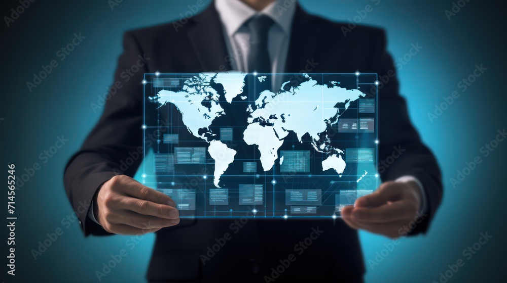 A businessman holds up a world map infographic board with communication icons, photos, on a blue background. Touch screen technology. Touch screen technology. A businessman holds up a world map infographic board with communication icons, photos, on a blue background. Touch screen technology. Touch screen technology.