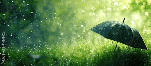 Green nature background with rain and an umbrella.