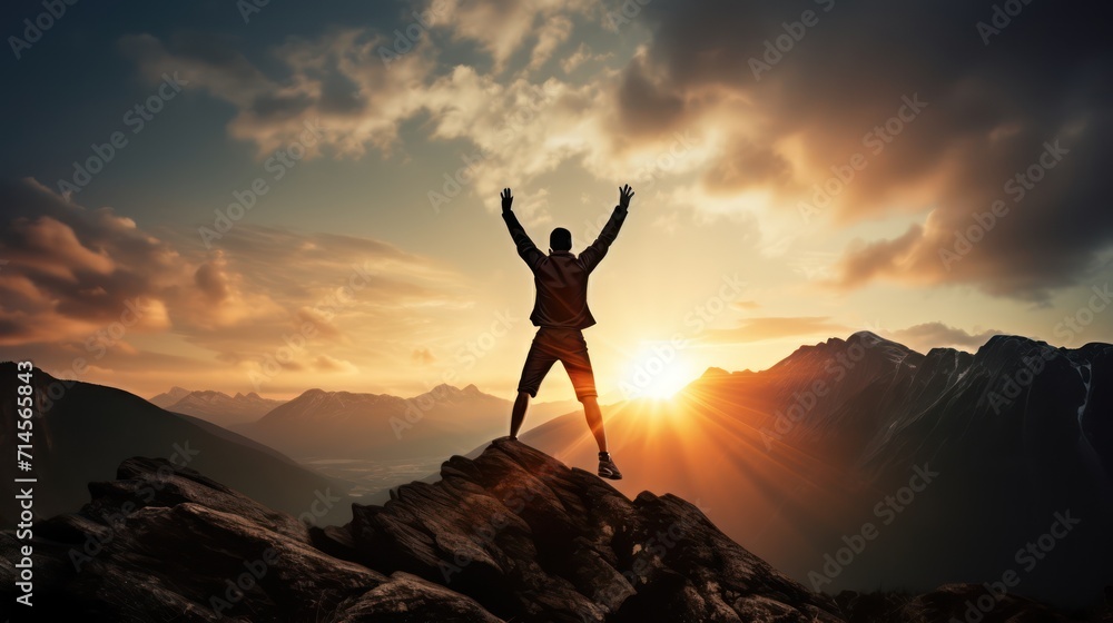 Happy man raising his arms jumping to the top of the mountain, successful businessman celebrating success on the cliff, business success concept silhouette backlit. - obrazy, fototapety, plakaty 