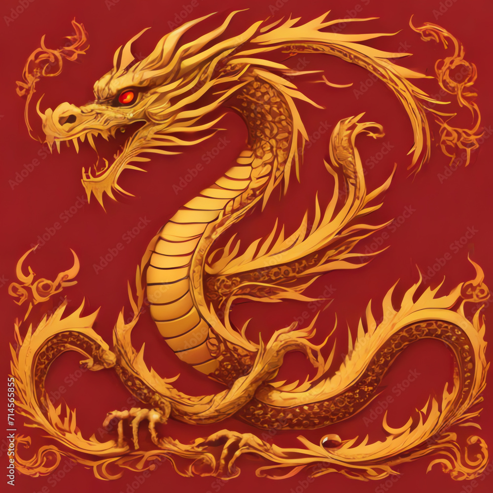 Golden dragon drawing on red background, Chinese new year, year of dragon Golden dragon drawing on red background, Chinese new year, year of dragon