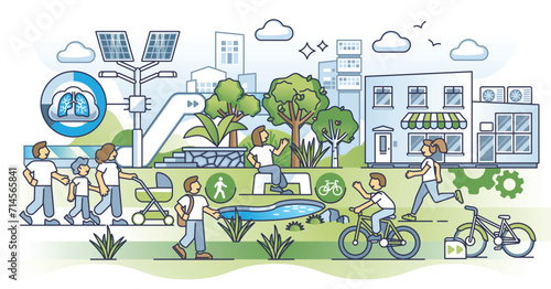 Walkable cities and ecological infrastructure for pedestrians outline concept. Town lifestyle with healthy transportation, running, walking and cycling vector illustration. Active social community. photo
