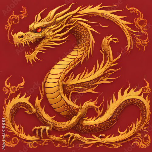Golden dragon drawing on red background  Chinese new year  year of dragon