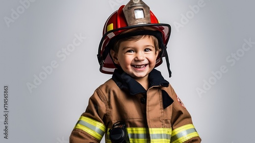 A Happy boy wearing firefighter uniform, little firefighter and fire extinguishing equipment, firefighter career adventure concept. on empty space on a white isolated transparent background. photo
