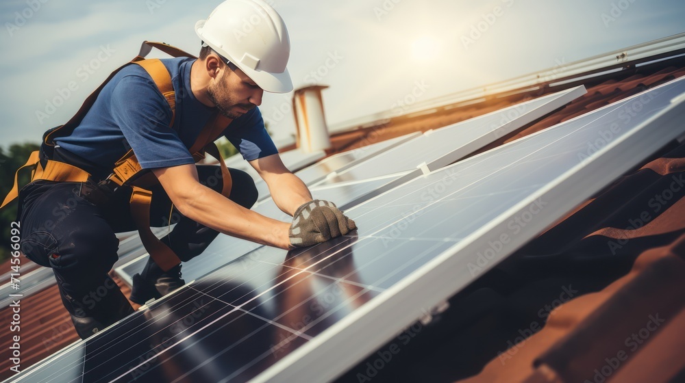 Construction industry, aerial view. An electrician in a helmet is installing a solar panel system outdoors. Engineer builds solar panel station on house roof Construction industry, aerial view. An electrician in a helmet is installing a solar panel system outdoors. Engineer builds solar panel station on house roof