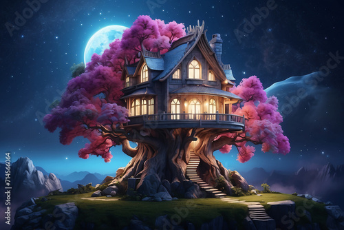 house on tree with aurora at night © Maizul