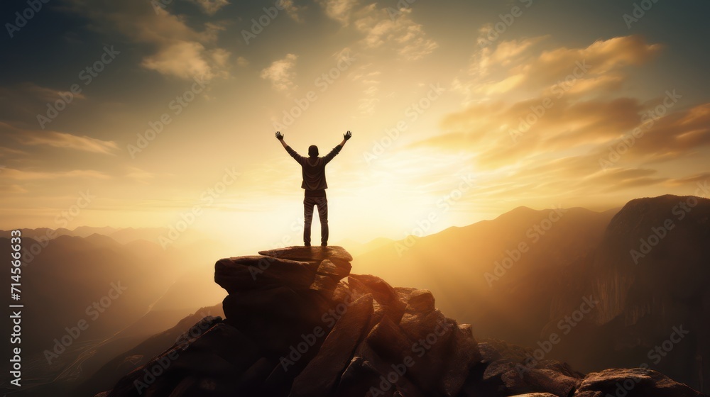 Happy man raising his arms jumping to the top of the mountain, successful businessman celebrating success on the cliff, business success concept silhouette backlit. Happy man raising his arms jumping to the top of the mountain, successful businessman celebrating success on the cliff, business success concept silhouette backlit.