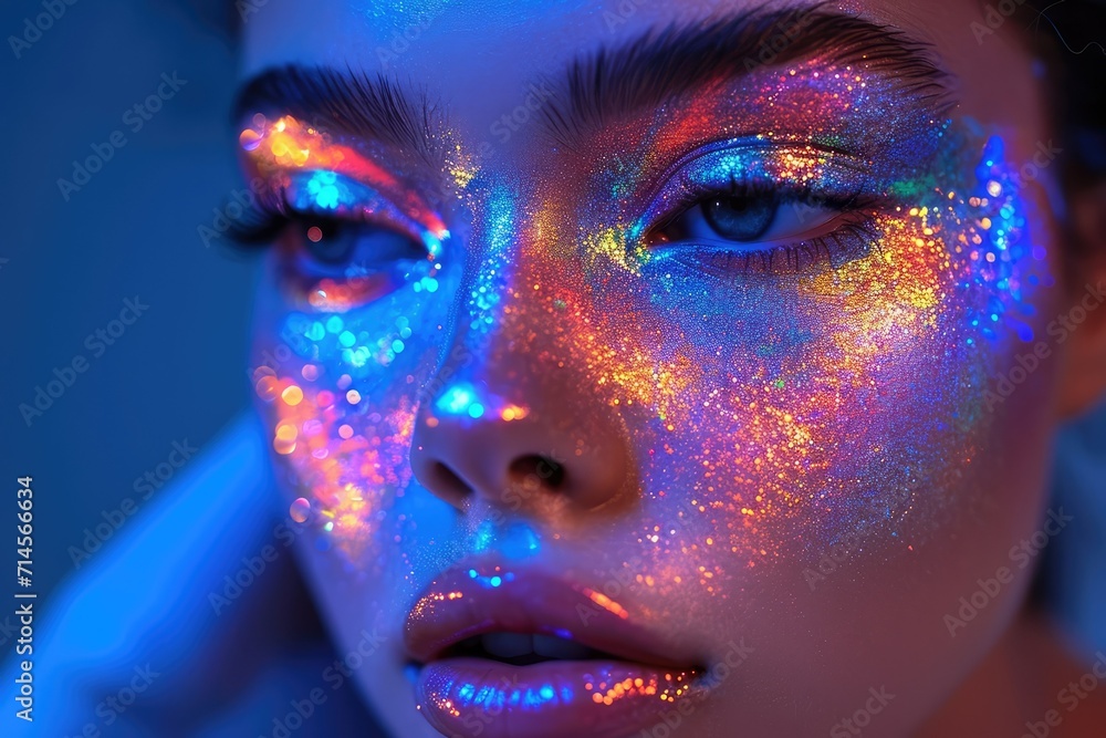 Portrait of a female model with bright holographic makeup fashion Portrait of a female model with bright holographic makeup fashion