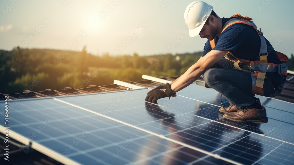 Construction industry, aerial view. An electrician in a helmet is installing a solar panel system outdoors. Engineer builds solar panel station on house roof - obrazy, fototapety, plakaty 