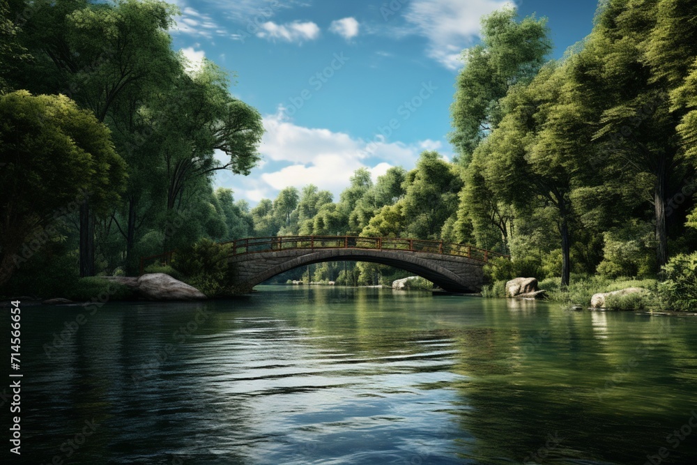 A bridge extends over a river surrounded by green trees and blue water